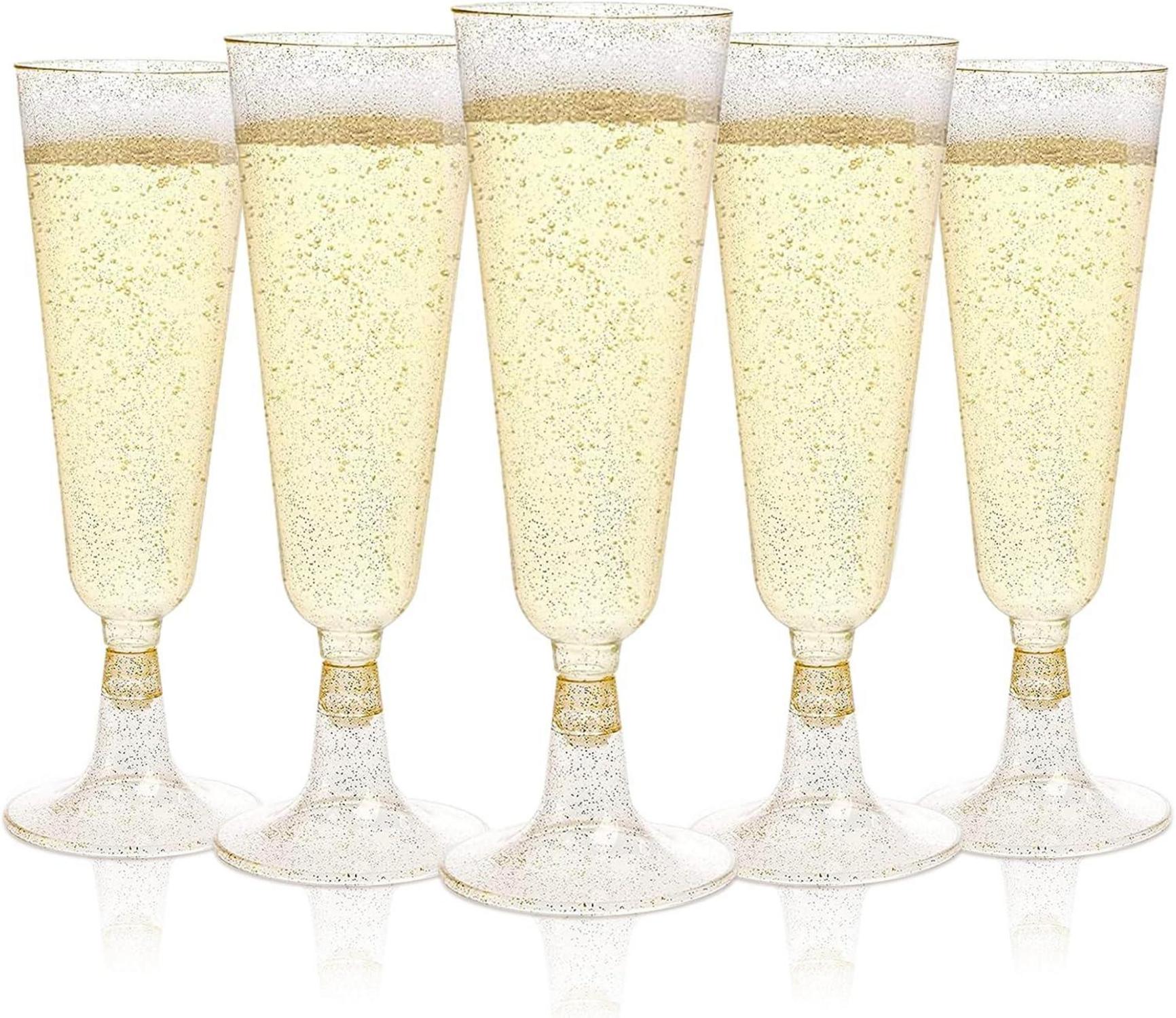 50 Goldene Sektgläser Plastik 150ml Champagner Flöten Glitzer Dekor