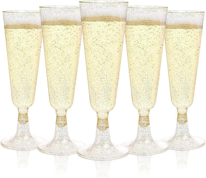 50 Goldene Sektgläser Plastik 150ml Champagner Flöten Glitzer Dekor