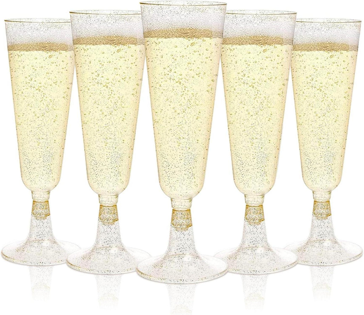 50 Goldene Sektgläser Plastik 150ml Champagner Flöten Glitzer Dekor