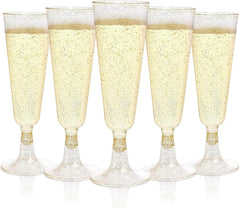 50 Goldene Sektgläser Plastik 150ml Champagner Flöten Glitzer Dekor