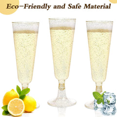 50 Goldene Sektgläser Plastik 150ml Champagner Flöten Glitzer Dekor