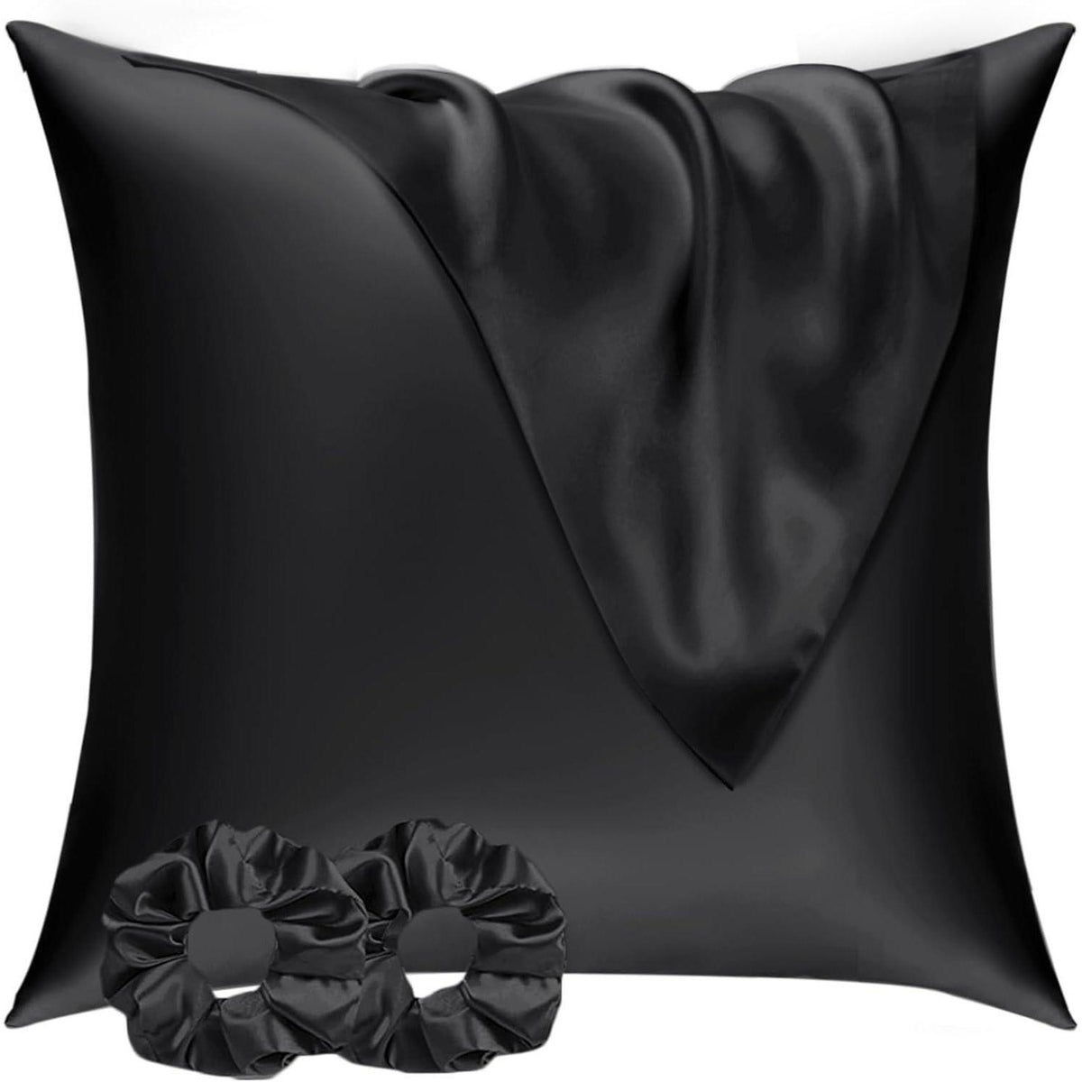 2er Set Satin Kissenbezug 80x80 mit 2 Haargummis, Schwarz