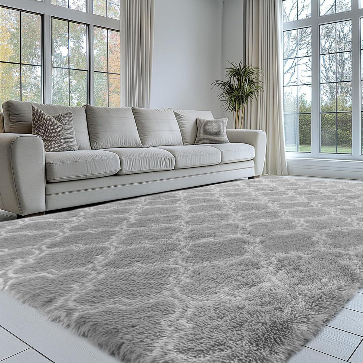 Hochflor Teppich Grau 240x300 – Flauschiger Wohnzimmerteppich Waschbar