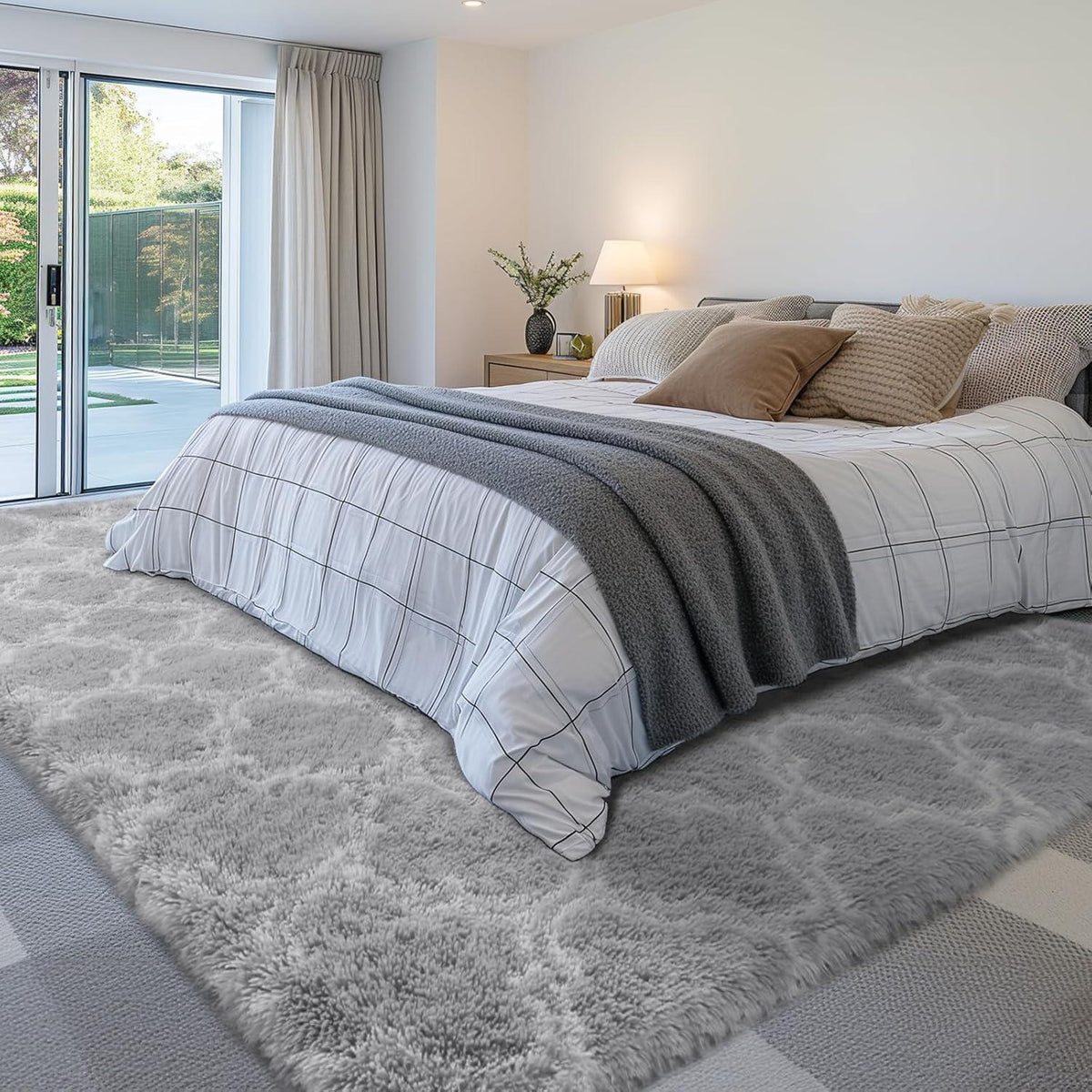 Hochflor Teppich Grau 240x300 – Flauschiger Wohnzimmerteppich Waschbar