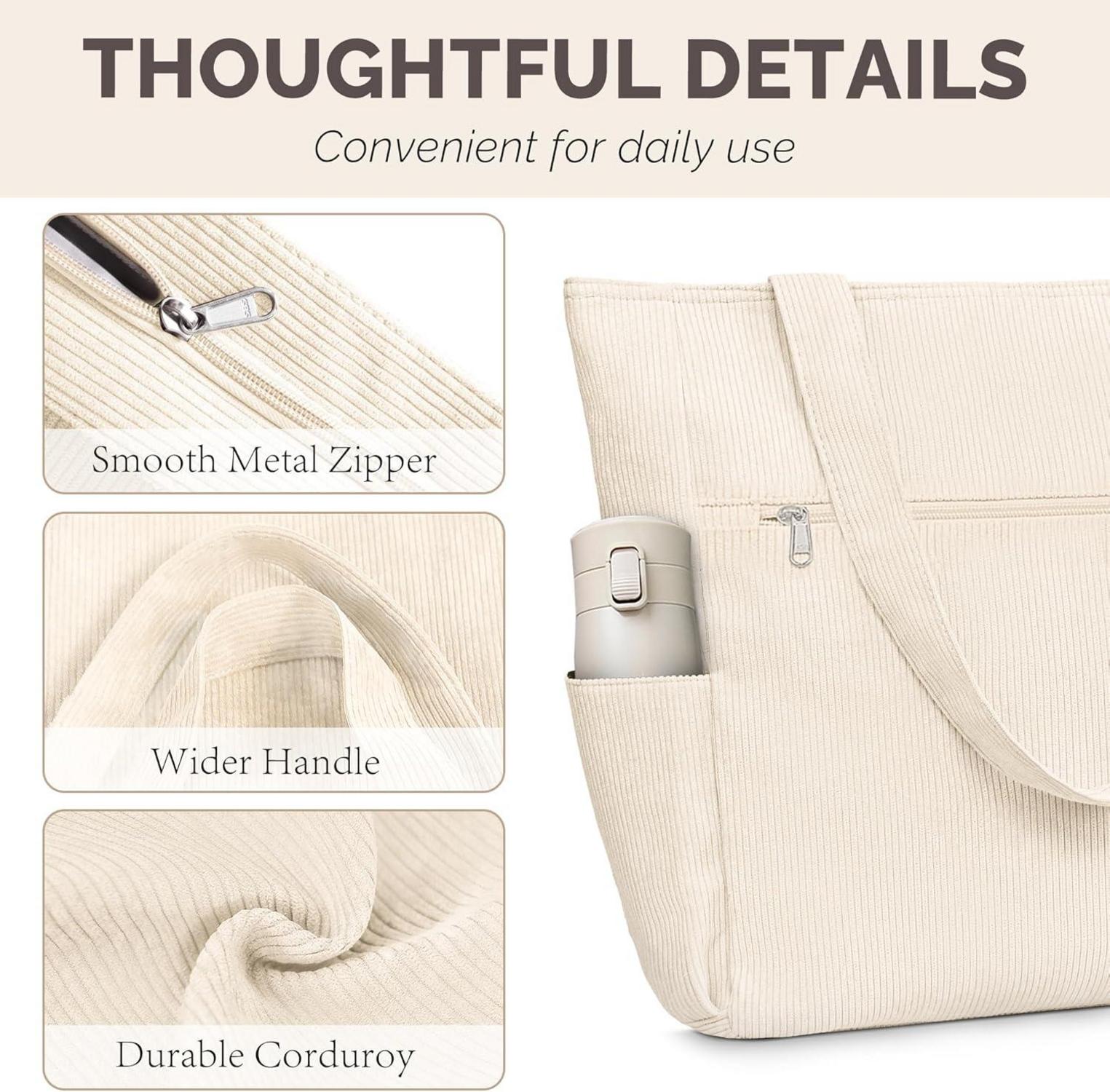 Cordury Tote Bag 15x15 Zoll Beige mit Taschen und Reißverschluss