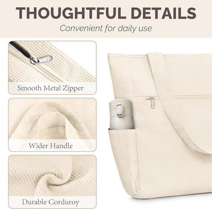 Cordury Tote Bag 15x15 Zoll Beige mit Taschen und Reißverschluss