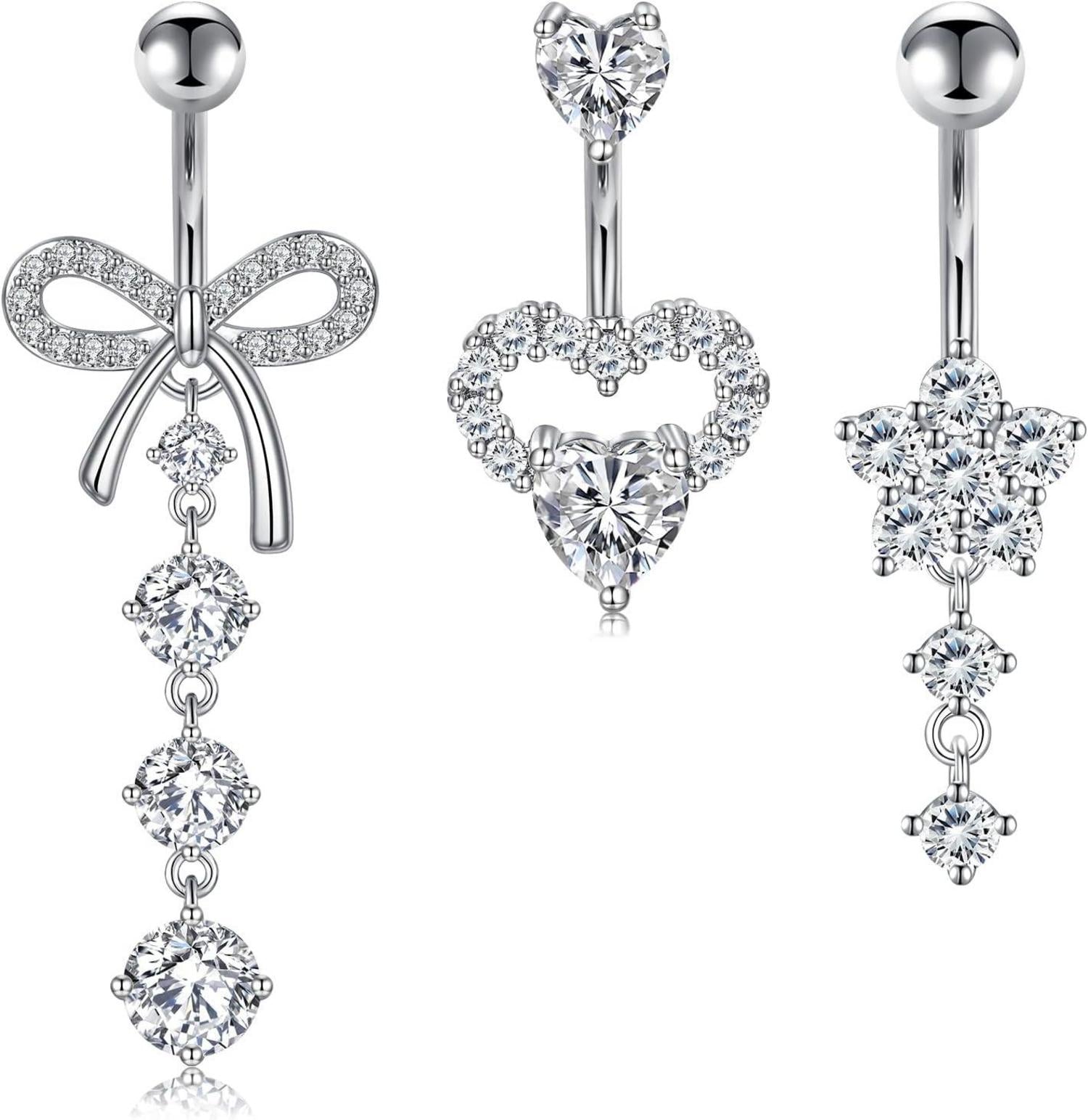 Bauchnabelpiercing Set 3 Stück Silber Gold Herz Schmetterling Diamant