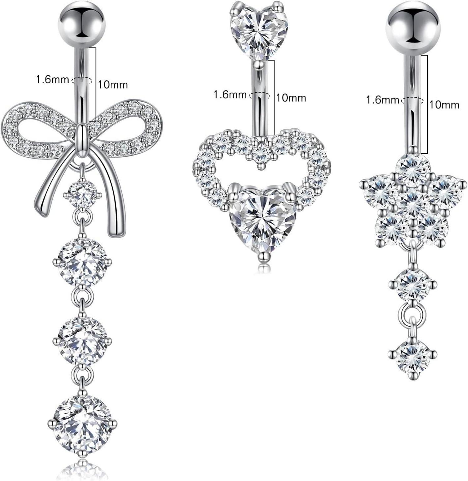 3er-Set Bauchnabelpiercing 14G Silber Herz Schmetterling