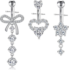 3er-Set Bauchnabelpiercing 14G Silber Herz Schmetterling