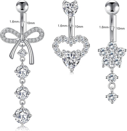 3er-Set Bauchnabelpiercing 14G Silber Herz Schmetterling
