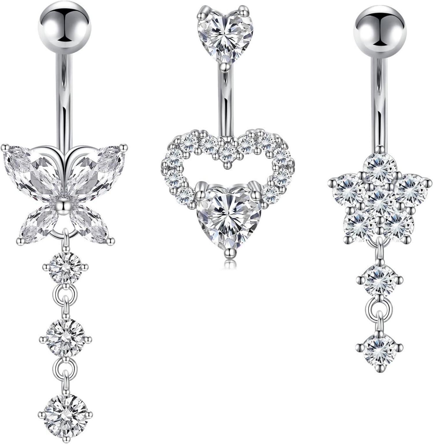 3er Set Bauchnabelpiercing Herz Schmetterling Diamant - Silber Gold
