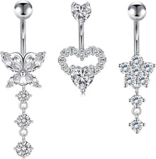 3er Set Bauchnabelpiercing Herz Schmetterling Diamant - Silber Gold
