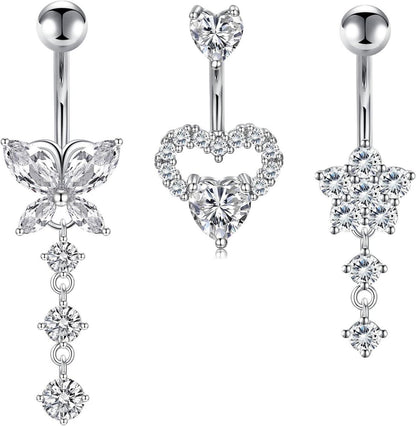 3er Set Bauchnabelpiercing Herz Schmetterling Diamant - Silber Gold