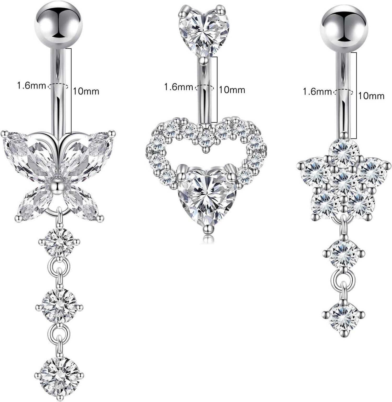 3 Stück Silber Bauchnabelpiercing Set, Chirurgenstahl Herz