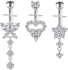 3 Stück Silber Bauchnabelpiercing Set, Chirurgenstahl Herz