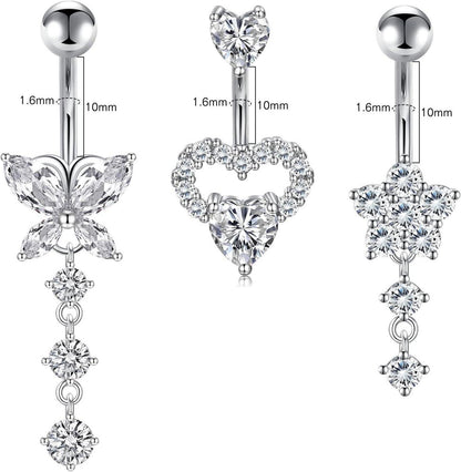 3 Stück Silber Bauchnabelpiercing Set, Chirurgenstahl Herz