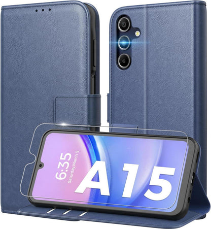Handyhülle Samsung Galaxy A15 5G PU Leder RFID Panzer Glas Blau