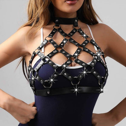 Damen Leder Body Harness BH Gothic Punk Rave Karneval Tops