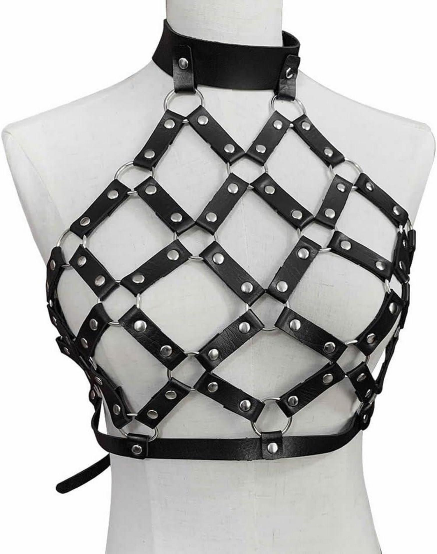 Damen Leder Body Harness BH Gothic Punk Rave Karneval Tops