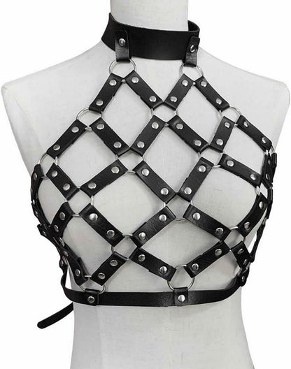 Damen Leder Body Harness BH Gothic Punk Rave Karneval Tops