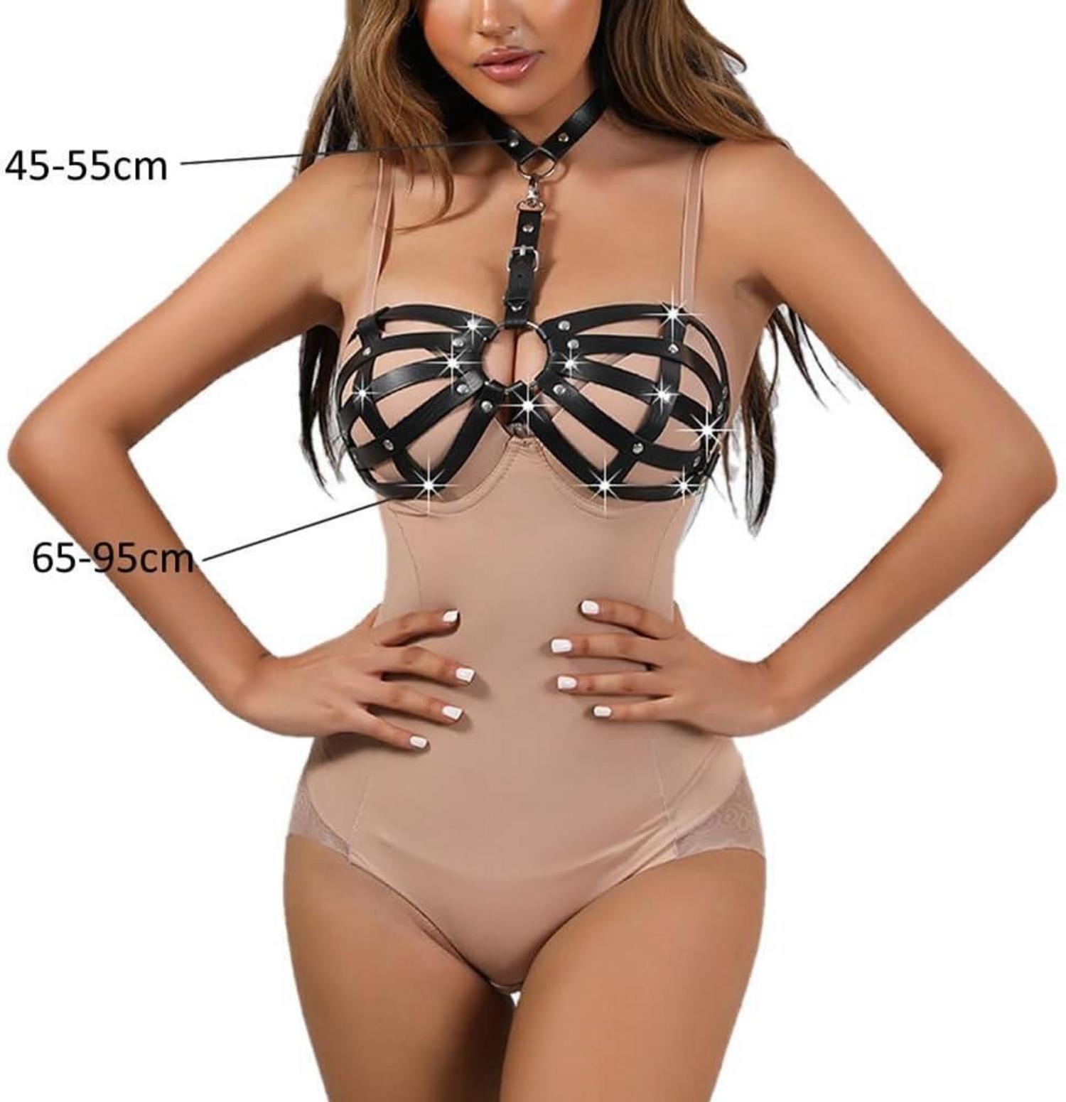Damen Leder Body Harness Punk BH Cupless Lingerie SM Brust Fesseln