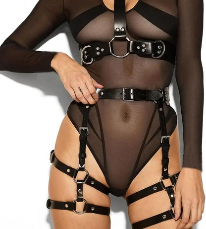 Damen Punk Leder Harness BDSM Set Gothic Bondage Brustgurte Taille Bein Strapsen
