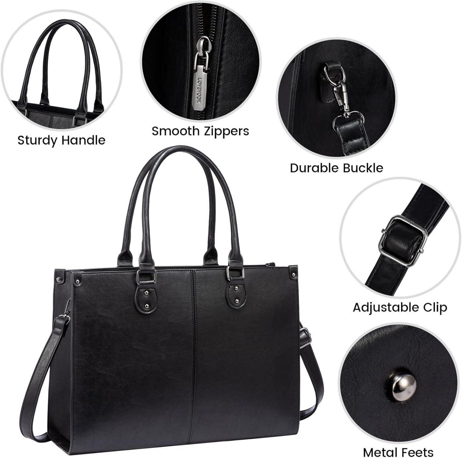 LOVEVOOK Laptoptasche 15.6 Zoll Schwarz PU Leder Handtasche Umhängetasche