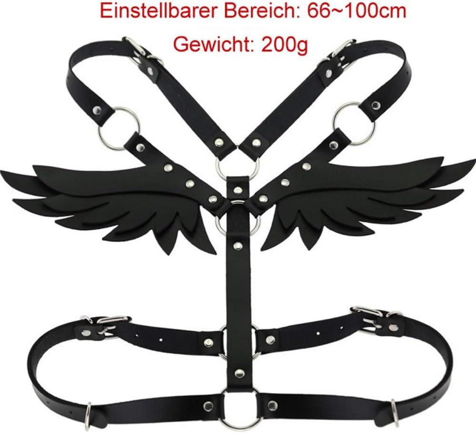 Schwarzes Leder Harness Damen SM Engelsflügel BH Gothic BDSM