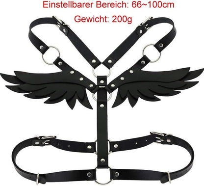 Schwarzes Leder Harness Damen SM Engelsflügel BH Gothic BDSM