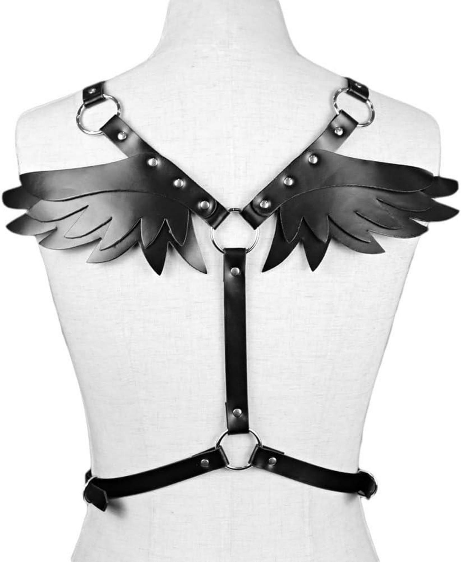 Leder Harness Damen Flügel Schwarz Gothic BDSM Bondage Clubwear
