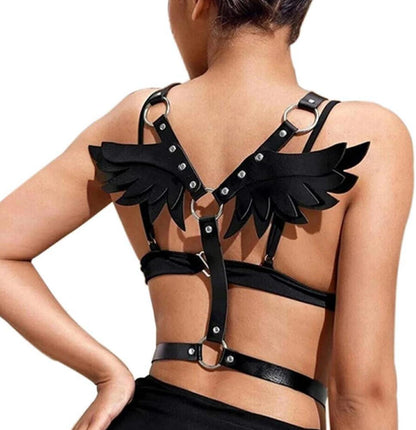 Leder Harness Damen SM Aushöhlen BH Wings Gothic Clubwear Schwarz