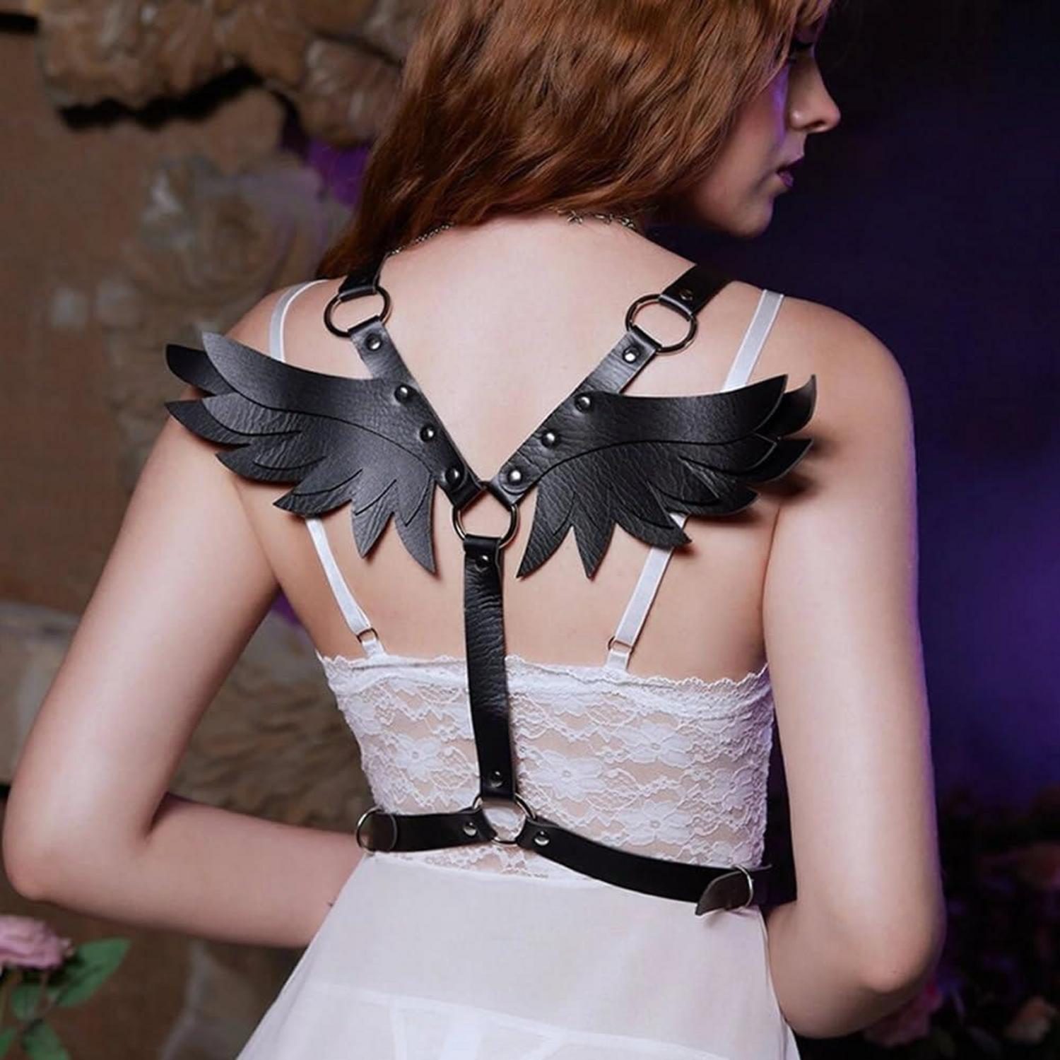 Sexy Damen Leder Harness mit Engelsflügel Schwarz BDSM Bondage