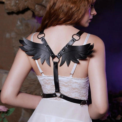 Sexy Damen Leder Harness mit Engelsflügel Schwarz BDSM Bondage