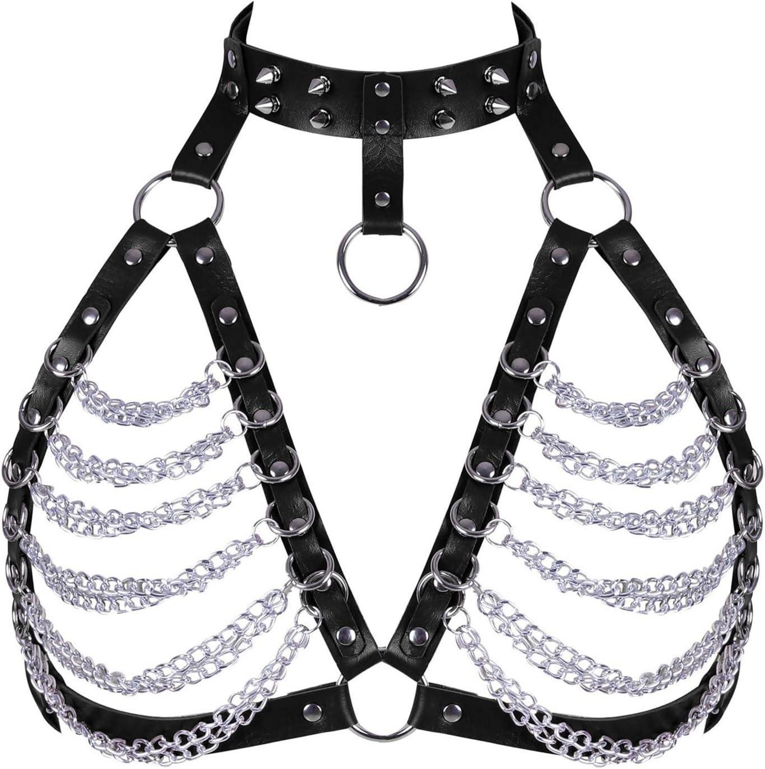 Damen Punk Gothic Halsband Körperkette Leder Harness BH