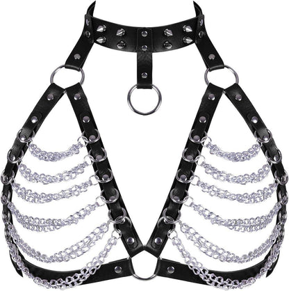 Damen Punk Gothic Halsband Körperkette Leder Harness BH