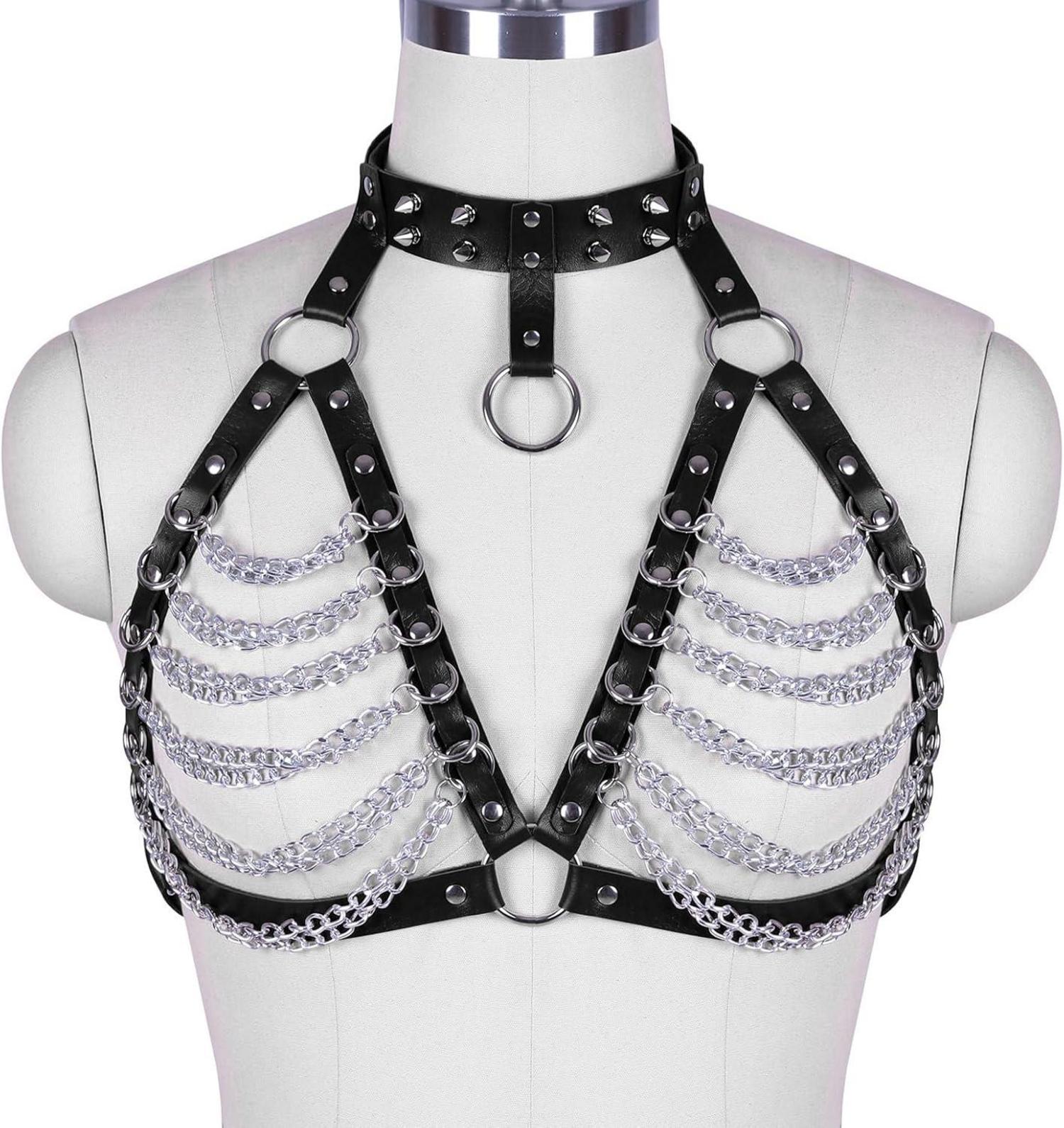 Damen Leder Harness Brustgurt Punk Gothic Körperkette BH