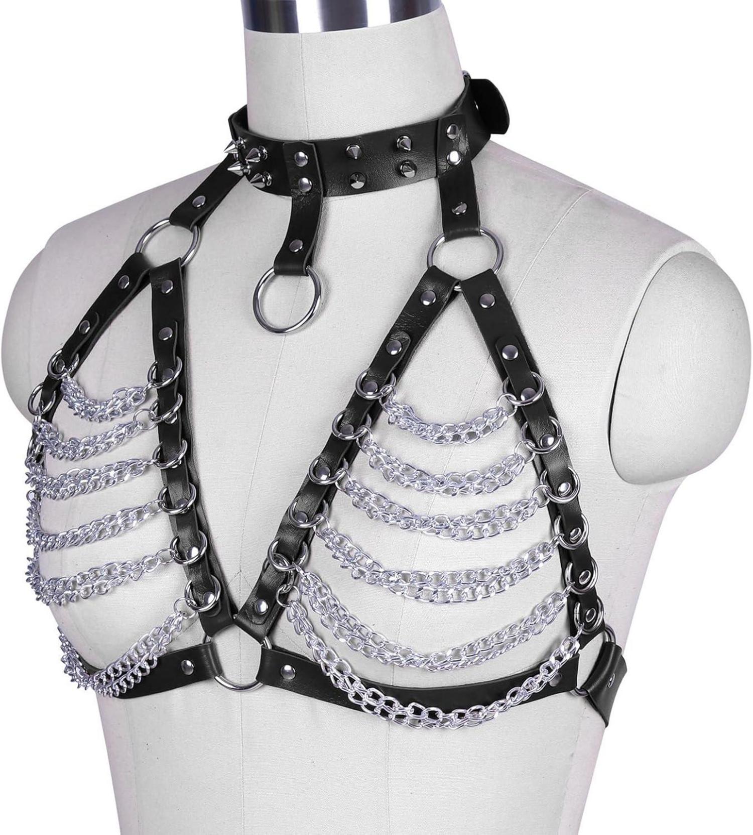 Damen Punk Gothic Halsband Körperkette Leder Harness BH