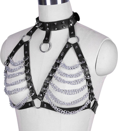 Damen Punk Gothic Halsband Körperkette Leder Harness BH