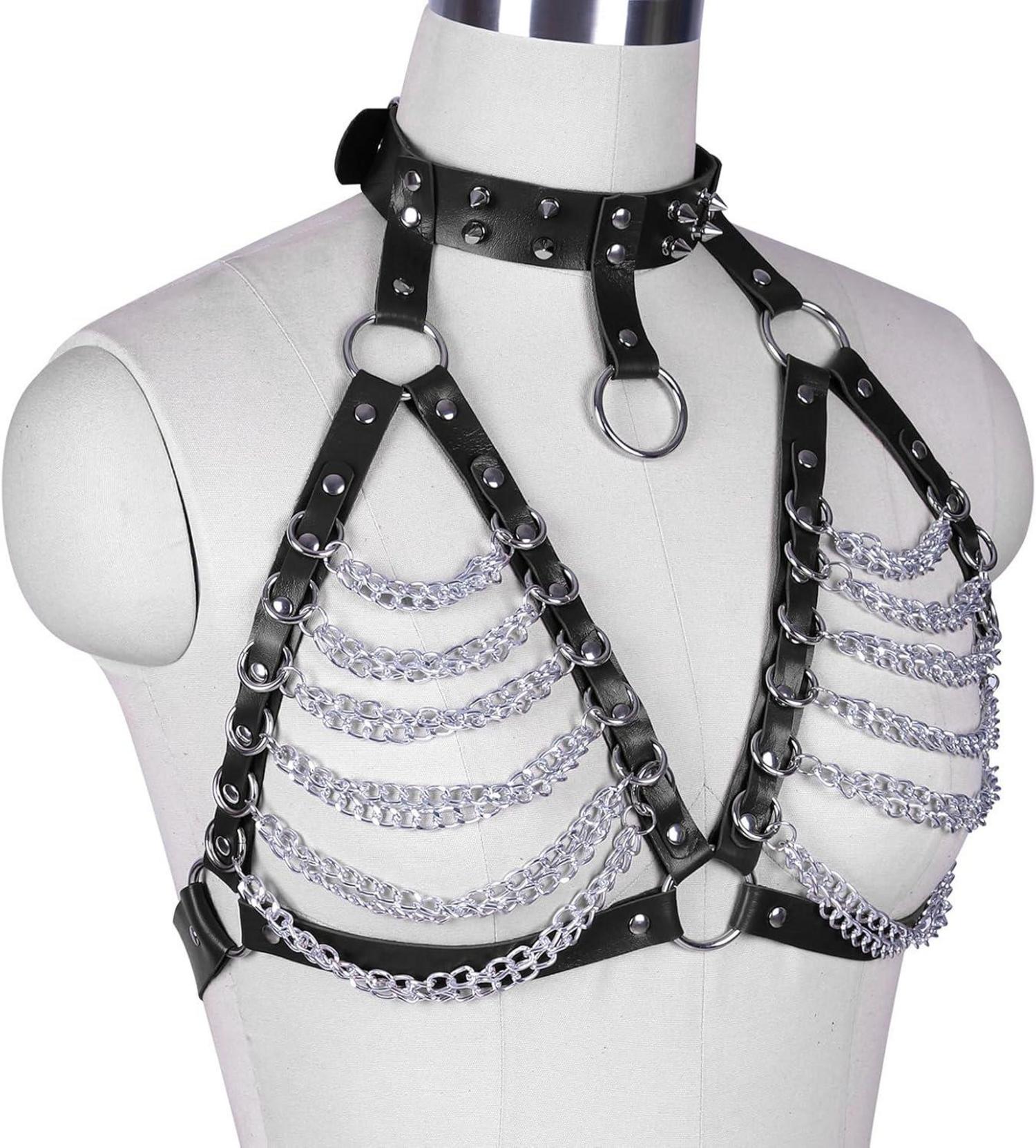 Moinha Damen Leder Harness Brustketten BH Gothic Kostüm