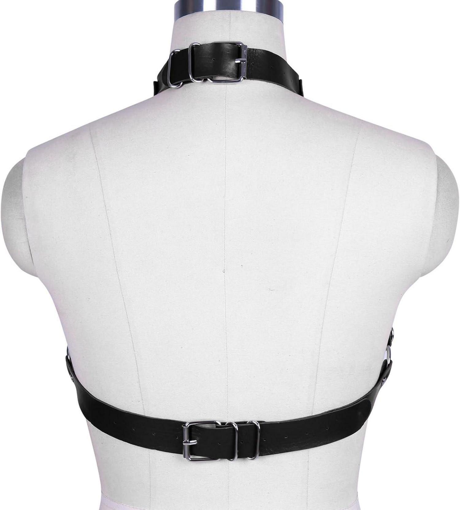 Damen Punk Gothic Leder Harness Brustketten BH Metall Halsband
