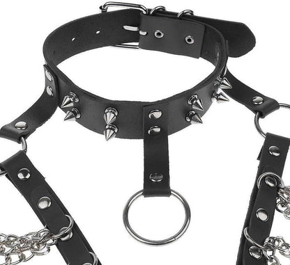 Damen Leder Harness Brustgurt mit Metall Kette Punk Gothic Kostüm
