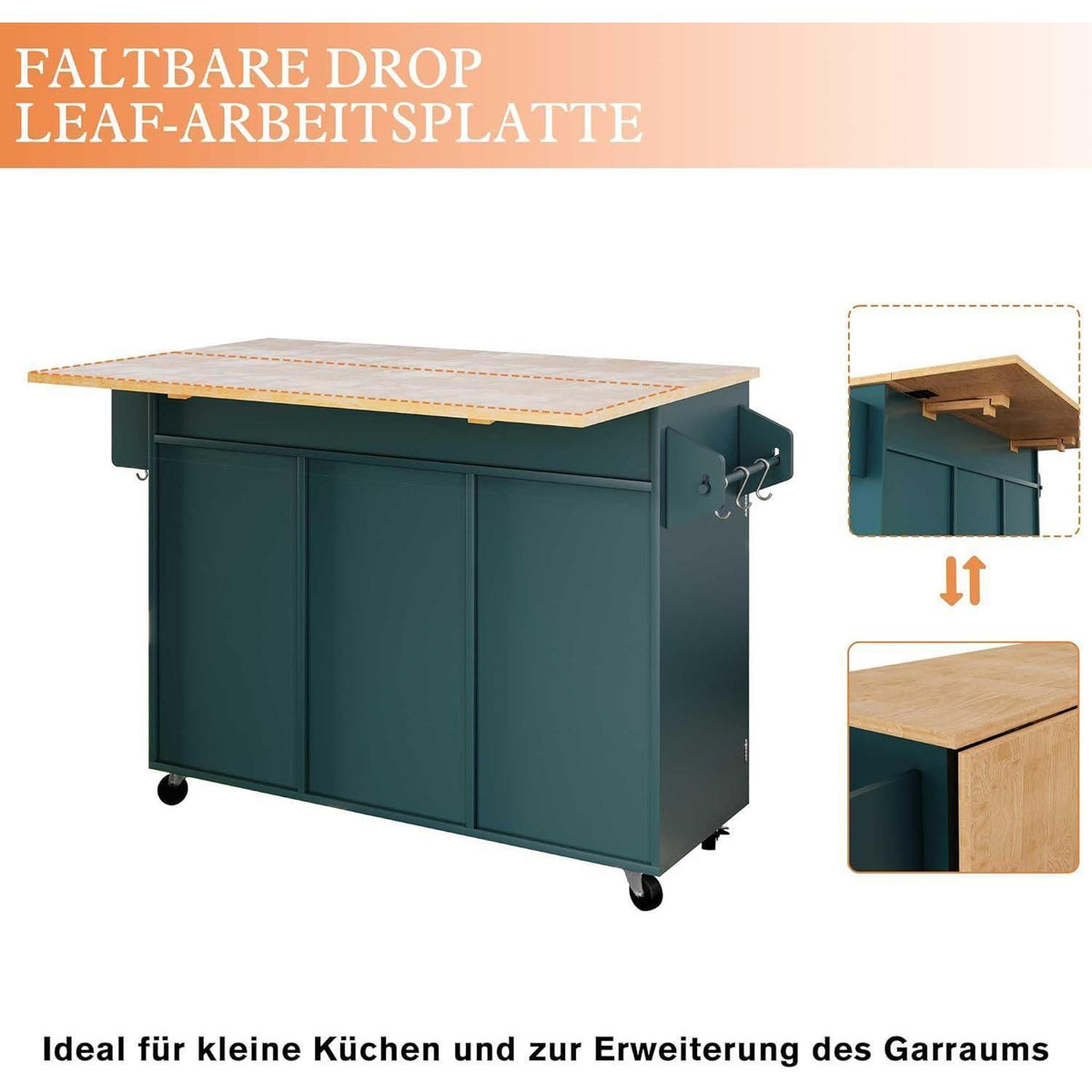 Rollende Kücheninsel mit abklappbarer Arbeitsplatte & Stauraum (Grün)
