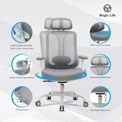 Ergonomischer Bürostuhl mit verstellbarer Lendenwirbelstütze & 3D-Kopfstütze