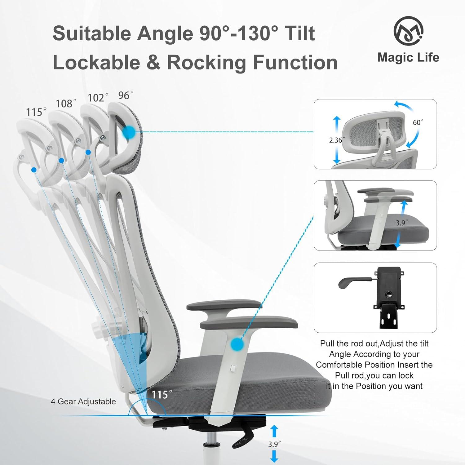 Ergonomischer Bürostuhl mit verstellbarer Lendenwirbelstütze und 3D-Kopfstütze