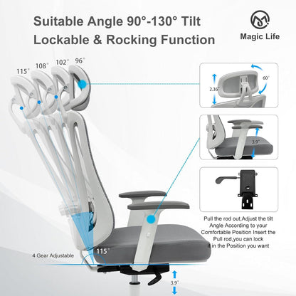 Ergonomischer Bürostuhl mit verstellbarer Lendenwirbelstütze und 3D-Kopfstütze