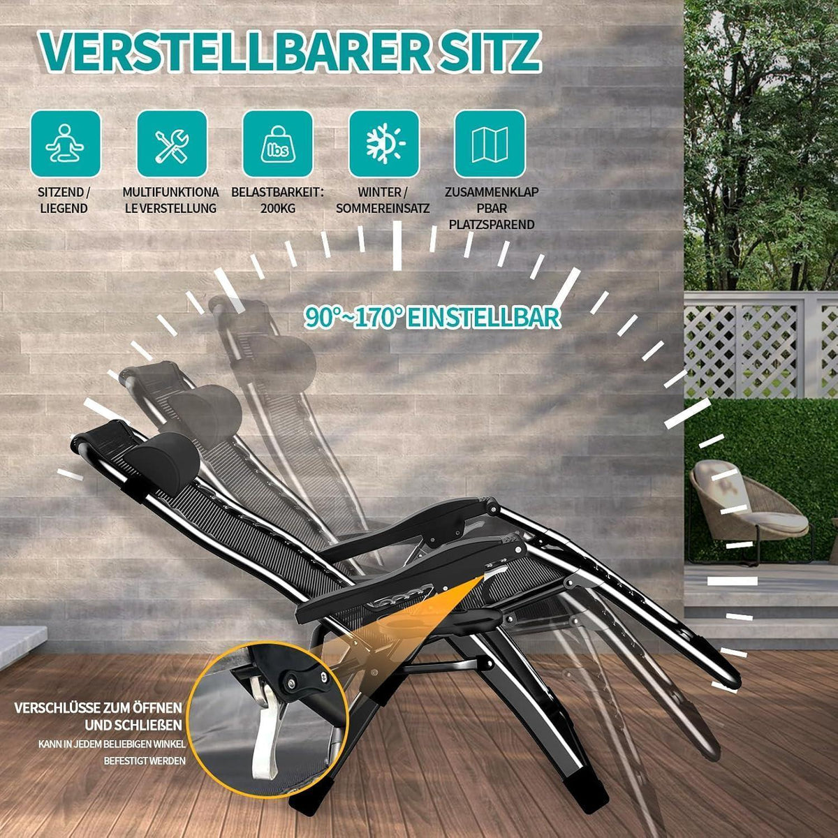 Extra breite Sonnenliege klappbar mit Kissen & Getränkehalter