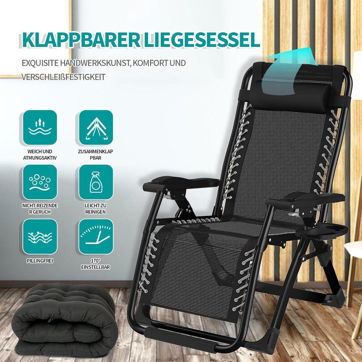 Extra breite Sonnenliege klappbar mit Kissen & Getränkehalter