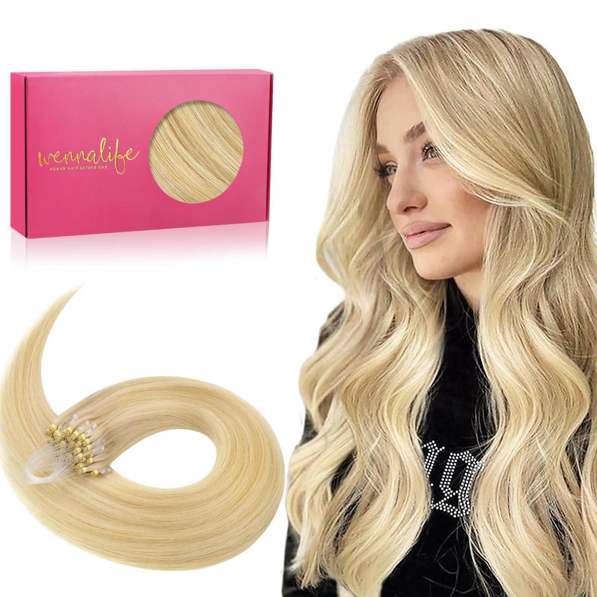 Echthaar Microring Extensions Hellblond Highlights 50cm