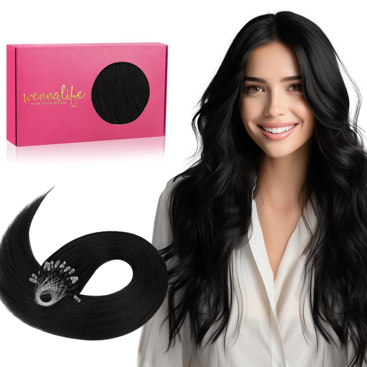 Echthaar Microring Extensions Schwarz 60cm
