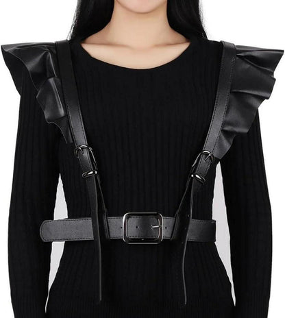 Schwarzer Damen Punk Taillengürtel Rüschen PU Leder Gothic Harness Gürtel